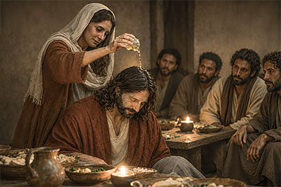 Mary anoints Jesus’s head and then His feet in an act of sublime significance, preparing Jesus for His death and burial.